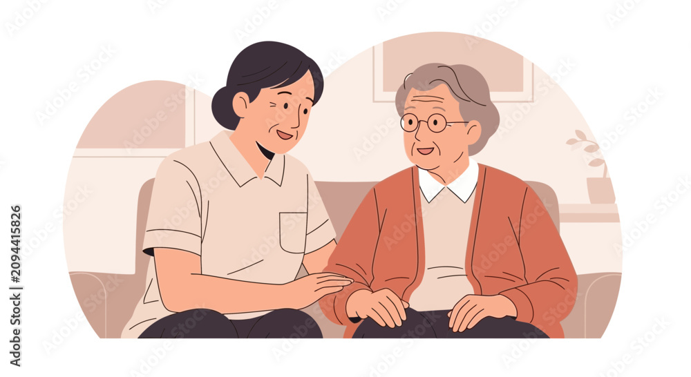 Fototapeta premium Caring caregiver comforting elderly woman, intergenerational connection, home support