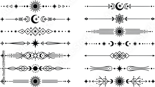Obraz na plátně Mystical celestial dividers set, 14 black geometric line art borders with moon a