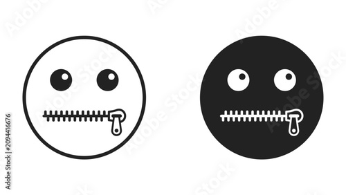 Schilderij op canvas Silent Smiles: Two emoji faces, one outlined and one solid, with zippers across their mouths, symbolizing silence, secrecy, or the inability to speak