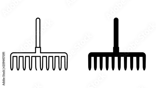 Canvas Print Line Art and Silhouette of a Rake: Two stylized illustrations of a garden rake, one in outline and the other in solid black silhouette, symbolizing gardening and manual labor