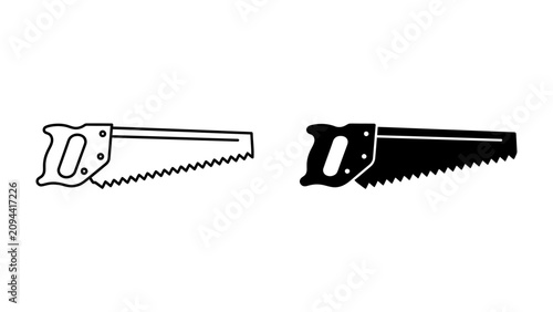 Fotografie Saw Tools Icon: Two graphic representations of a hand saw, one in outline and the other in solid black, showcase the design of this essential woodworking tool