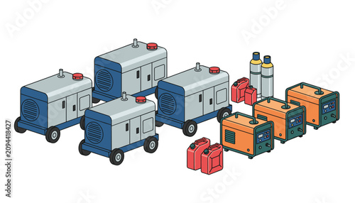 Group of industrial portable generators and fuel canisters for power supply and construction site equipment concept.