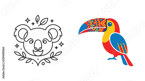 Photography Koala Line Art and Geometric Toucan Icon Set