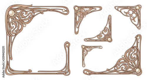 Ornate corner embellishments, art nouveau style, pearl accents, decorative elements