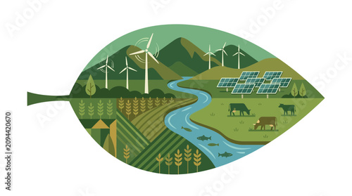 Bild auf Leinwand Sustainable Rural Landscape within a Leaf: Wind Turbines, Solar Panels, Farming,