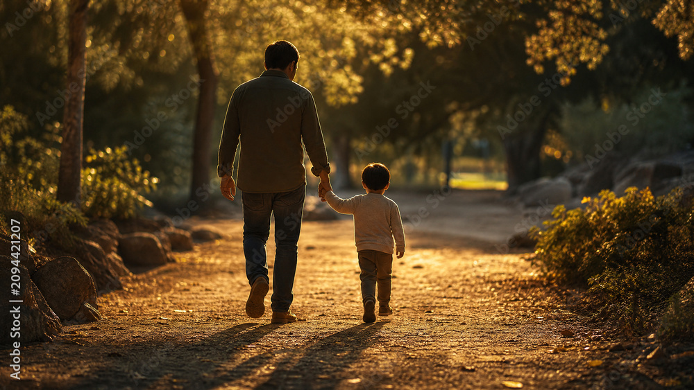 Obraz premium Parent and Child Walking Together at Golden Hour for Parents Day Family Banner