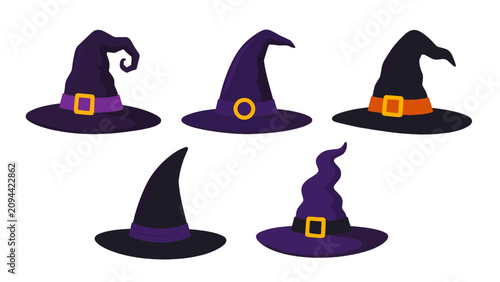 Fotografie Set of five stylized witch hats isolated on white background