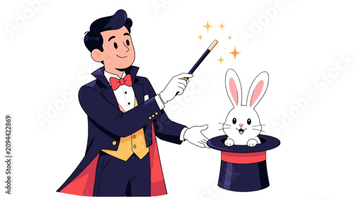 Принти на полотні Magician performing rabbit trick from top hat vector illustration