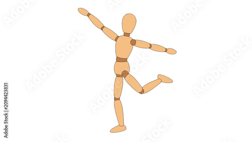 Wooden artist mannequin balancing in a dynamic pose