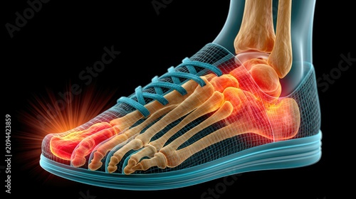 Detailed Anatomy of Human Foot and Shoe with Highlighted Bones, Joints, and Soft Tissues in Vibrant Colors