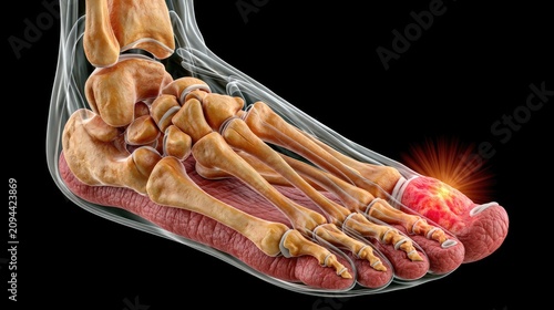 Detailed Anatomical Representation of Human Foot with Highlighted Pain in Big Toe and Surrounding Bones and Tissues