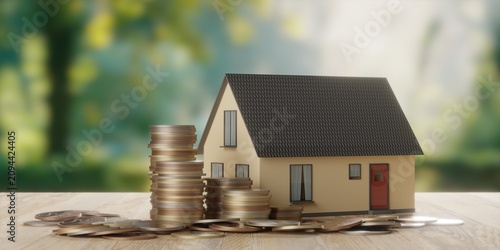 Miniature model house with money coins on wooden table over garden background, home or property investment concept