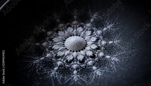 Cymatics Fine White Sand Forming Intricate Snowflake Mandala Chladni Figure Pattern on Dark Vibrating Plate from Sound Frequency, Scientific Art Photography