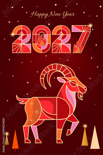 Happy New Year 2027 greeting card with geometric goat, stylized red, gold ram vector illustration for holiday banner. Year of goat 2027 Chinese zodiac new year poster, geometric wild goat card design