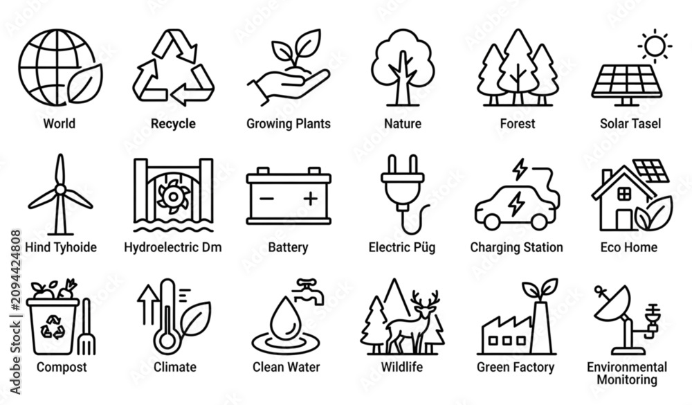Fototapeta premium Renewable Energy and Ecology Outline Icon Collection with Environmental Protection Symbols
