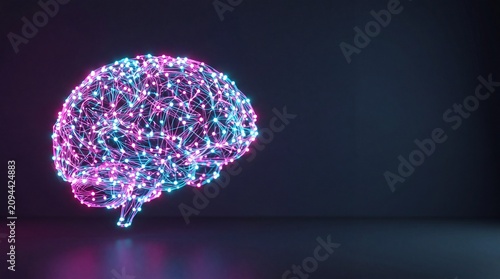 Glowing brain with pulsing light nodes. Neurological network with vibrant pink and blue lights. Artificial intelligence concept.