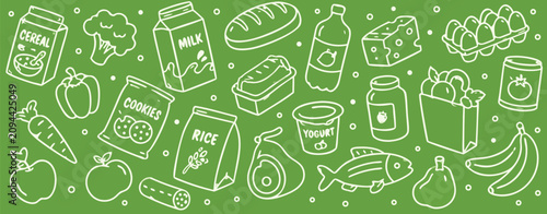 Healthy organic grocery items continuous pattern background with white outlines on green.