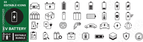 Cuadro en lienzo EV Battery Vector Outline Icons Set – Electric Vehicle Battery Pack, Charging, E
