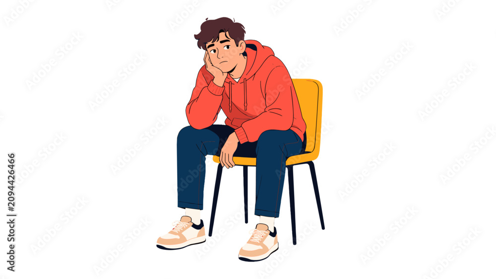 Fototapeta premium Seated young man in hoodie on chair vector illustration