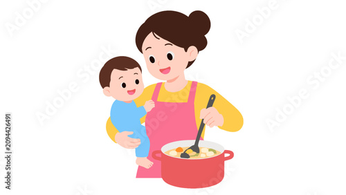 Εκτύπωση καμβά Mother holding baby while stirring soup in cooking pot