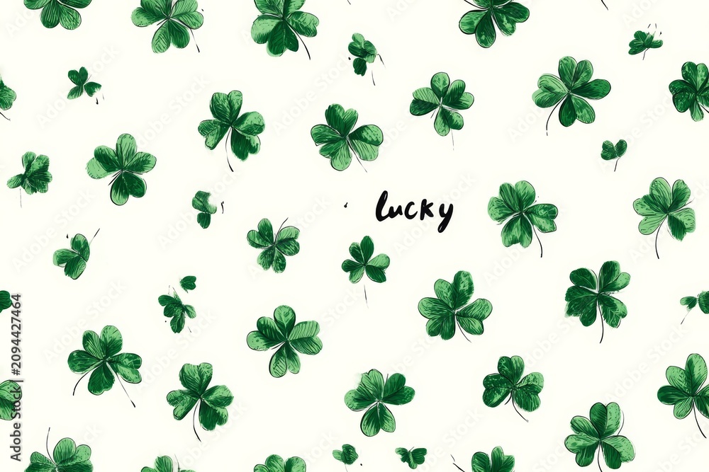 Fototapeta premium A beautiful design featuring vibrant green clovers on a white background with the word lucky at the center symbolizing prosperity and good fortune. Generative AI