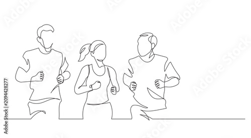 three person running together one continuous line drawing minimalism. running partner training cardiovascular single line illustration community run concept
