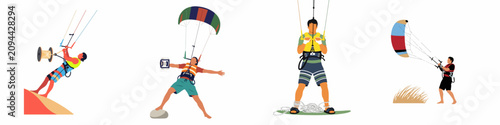 Foto Set of Four Minimalist Vector Illustrations of People Participating in Kiteboard