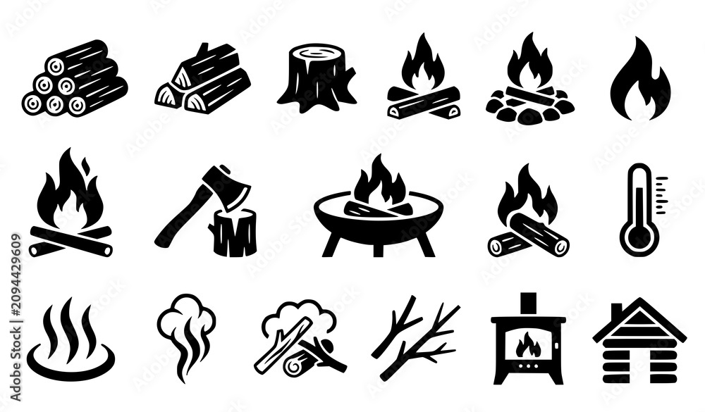 Obraz premium Black silhouette icons set firewood campfires heating and winter elements