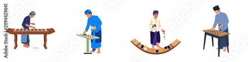 Foto Set of flat vector illustrations depicting men in traditional Malay attire playing Congkak, a popular traditional board game from Southeast Asia
