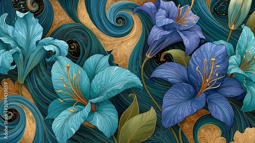 Flowers flow together in a drawn, abstract design.
