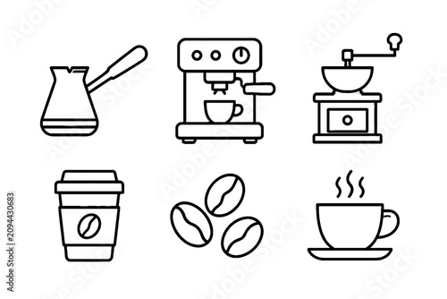 Foto Coffee preparation and beverage line icon set