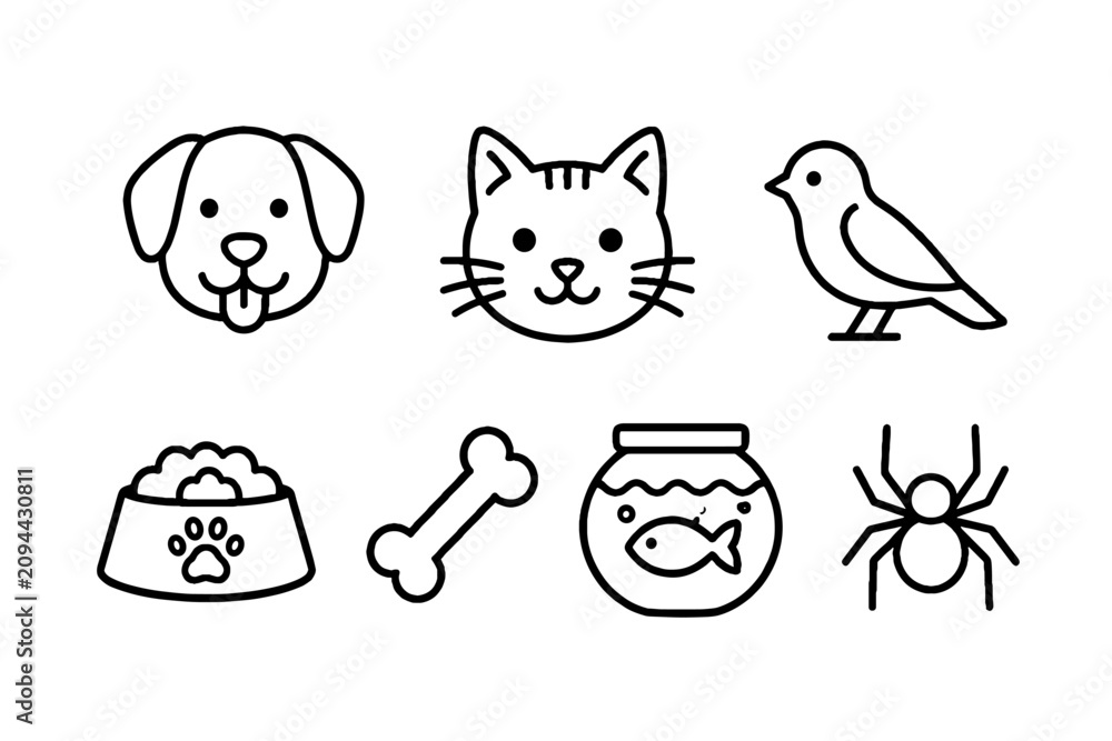 Obraz premium Pet and animal outline icon set with dog cat bird and spider