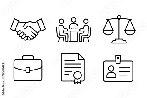 Φωτογραφία Legal and business line icons set with handshake and scales