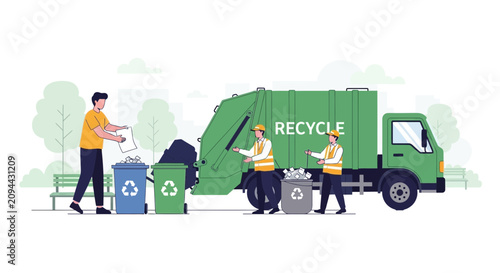 Recycling truck collecting waste with workers and citizens