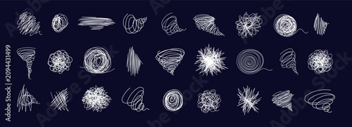 Chaos scribble line collection with tangled spiral and random squiggly stroke. Editable stroke. Vector abstract background expressing anxiety, tension and messy emotion. Vector doodle set