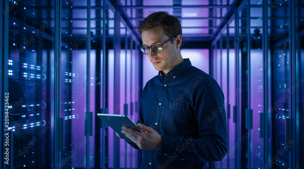 Fototapeta premium IT specialist monitoring servers with a tablet in a data center. System administrator working in a modern server room with blue and purple lights