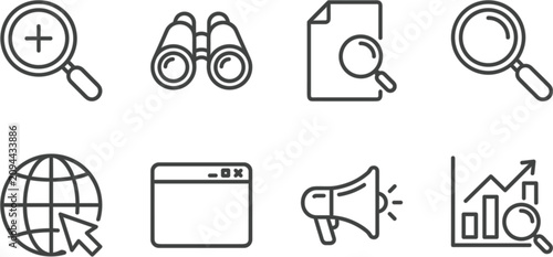 Business analytics data research global marketing SEO optimization browser search web development megaphone advertisement financial market analysis line icon set collection vector illustration