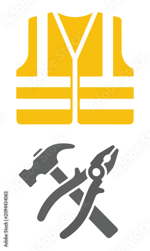 Industrial safety vest with hammer and pliers icon for construction and maintenance work, professional trade services concept