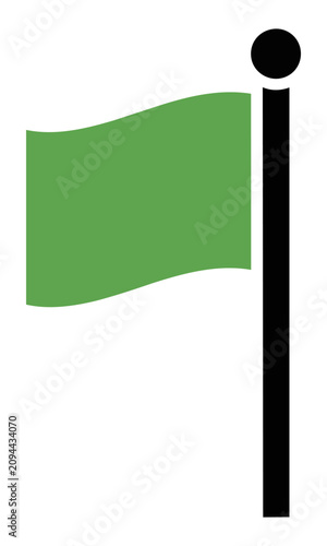 Minimalist icon of a green checkered racing flag on a flagpole isolated on white background flat design concept