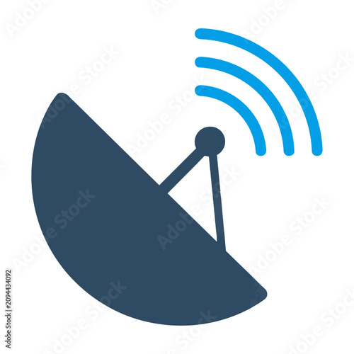 Minimalist satellite dish icon with radiating signal waves on a white background, modern communication and technology concept