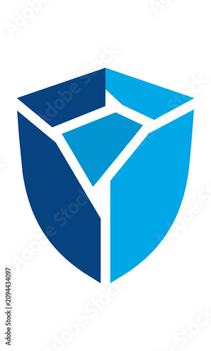 Modern abstract geometric shield icon with blue angular shapes and segmented shards isolated on a white background. Cyber security and protection concept