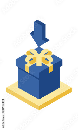 Sleek gift box with a floating arrow icon on a square platform in vibrant blue and yellow colors shopping and commerce concept