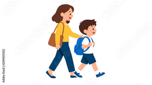 Schilderij op canvas Mother walking with schoolboy carrying backpack illustration