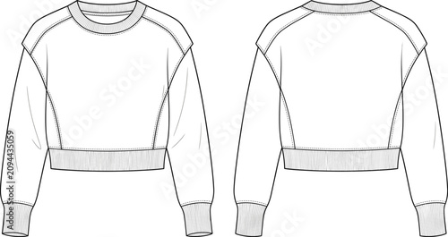 Cropped Raglan Sleeve Sweatshirt Technical Flat Sketch Front and Back Views