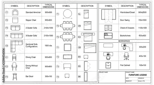 Cuadro en lienzo Furniture legend and schedule for architectural interior design planning
