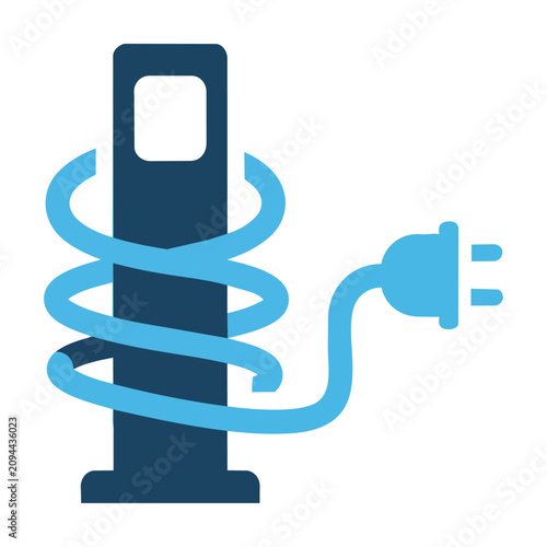 Electric vehicle charging station icon with cable and plug in a bold flat minimalist design, modern sustainable energy concept