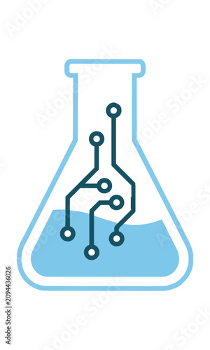 Flask icon with electronic circuit path and nodes for science and technology research. Biotechnology and digital science concept