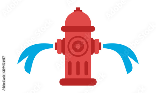 Vibrant red fire hydrant with two side nozzles spraying blue water jets in a bold flat design isolated on a white background, fire safety concept