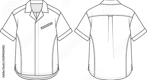 Men's Short Sleeve Button Up Shirt Technical Flat Sketch Front and Back View