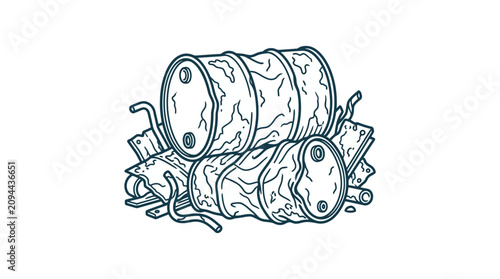 Fotografía Rusty Metal Barrels and Scrap Metal Vector Illustration